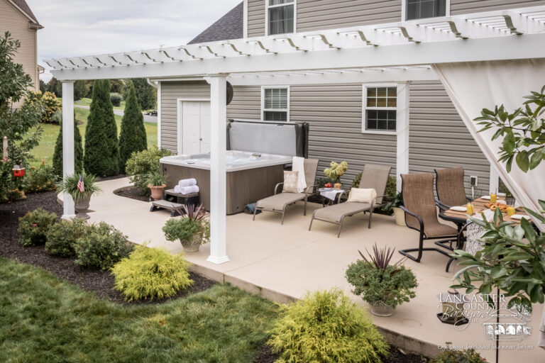 pergola for sale with outdoor furniture and a hot tub in pa