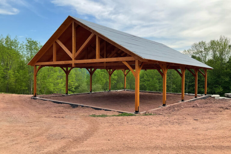 Up-close shot of an unfinished 40x50 kingston timber frame pavilion in delhi NY