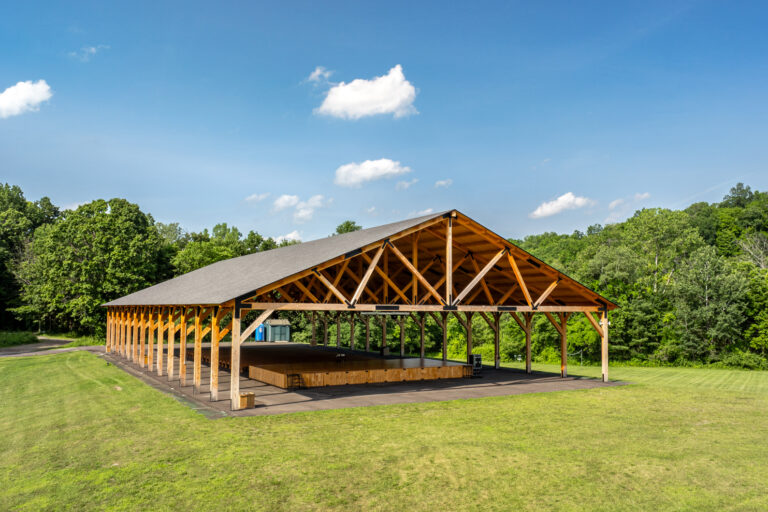 front drone shot of a 70x140 kingston pavilion in Copake NY