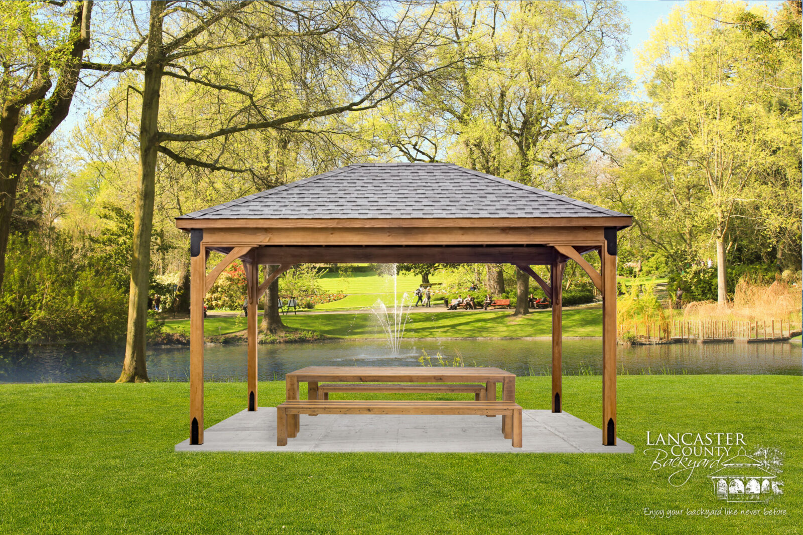 picnic area with a wood pavilion