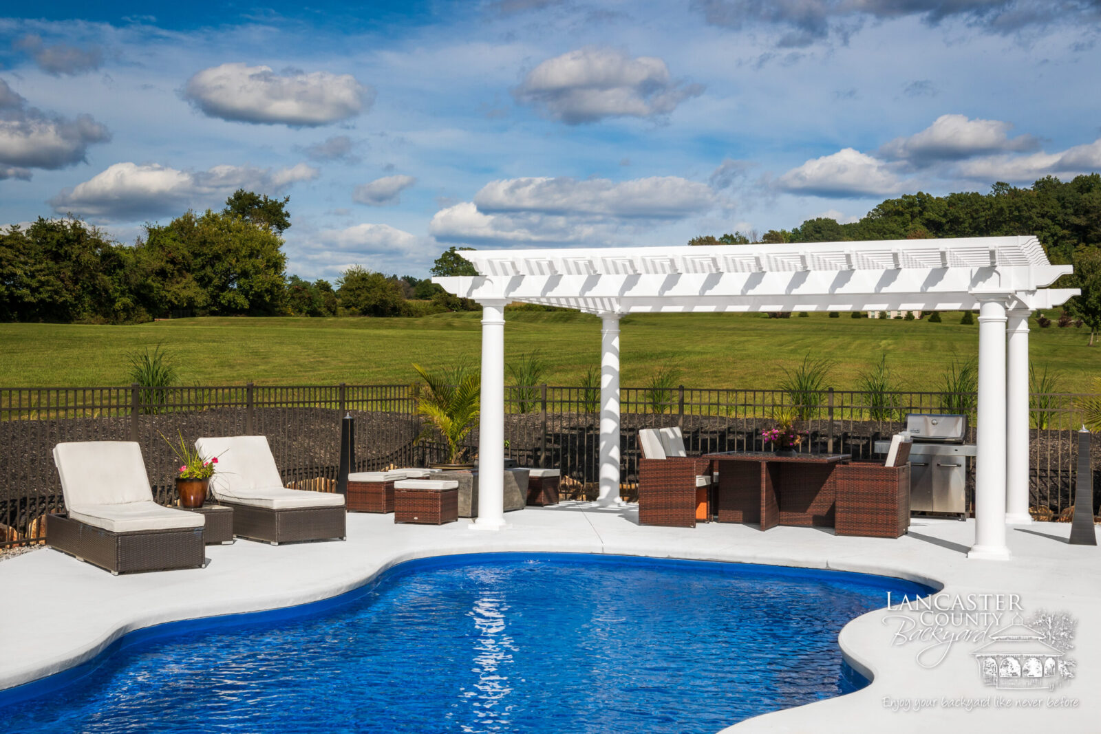 luxury poolside backyard pergola for sale in mertztown pa, vinyl pergolas