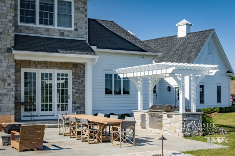 2'x8' custom wood pergola with built in stone grill