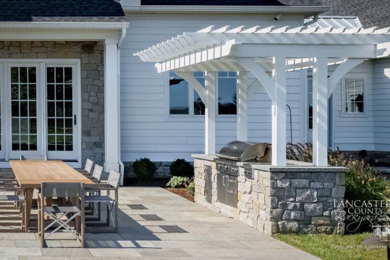 hershey 2'x8' custom wood pergola with built in stone grill