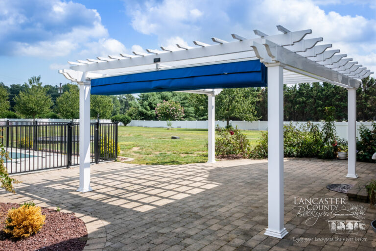 pergola with a blue shade canopy