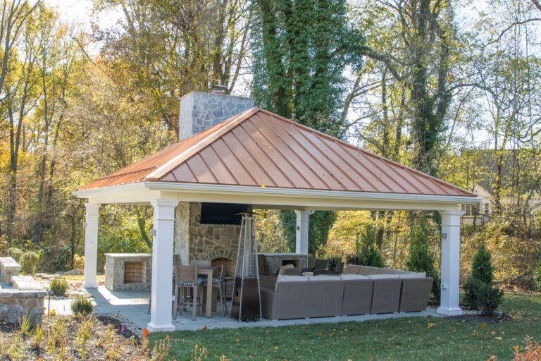 carbbean vinyl backyard pavilion with outdoor furniture