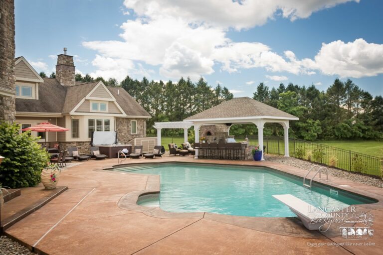 pergola and pavilion with a beautiful pool