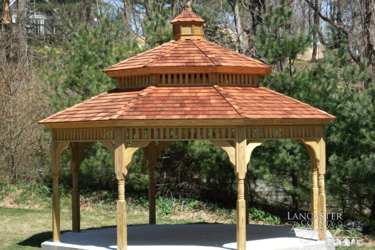 red roof dodecagon wood gazebo