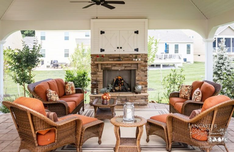 outdoor fireplace under pavilion with couches 768x500 f50 50