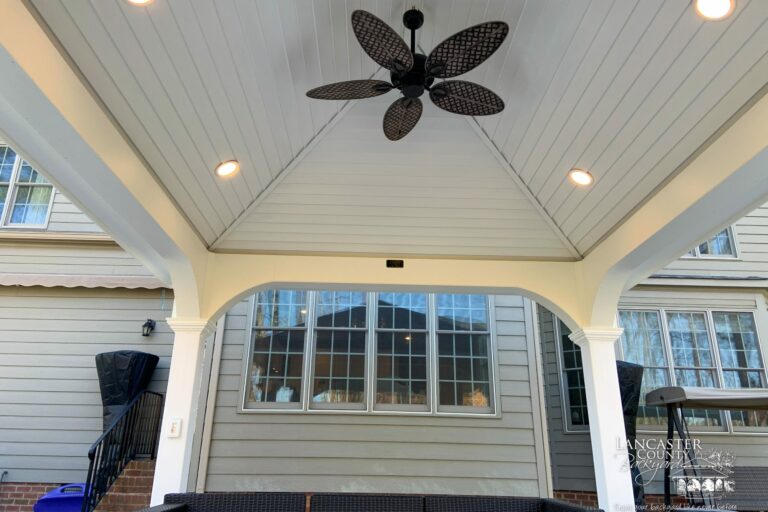 12x14 vinyl pavilion with a ceiling fan and recessed lighting