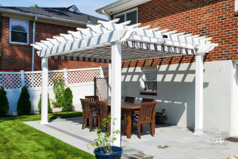 vinyl backyard patio pergola featuring navy taupe fancy shad can