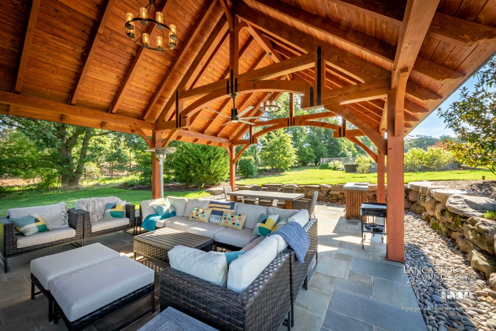 beautiful interior of a backyard timber frame pavilion