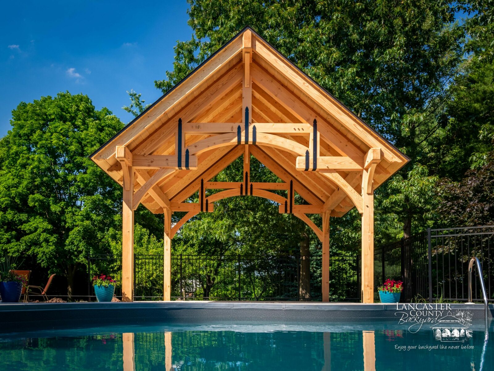 a beautifully finished timber frame pavilion kit installed
