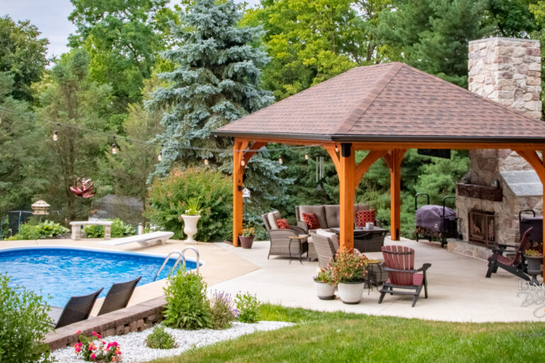 14x20 wood pavilion by a pool
