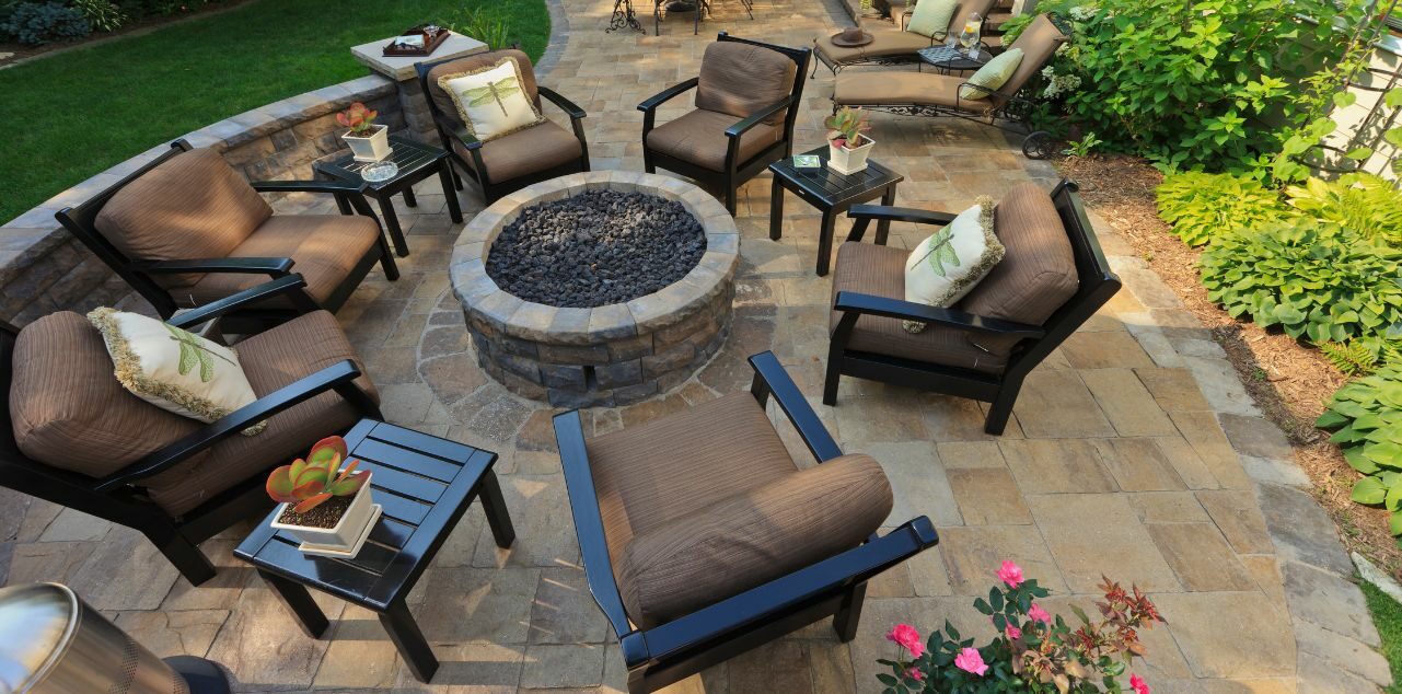 Outdoor patio with furniture and firepit