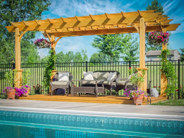 traditional southern pine wood pergola by pool from lancaster pa