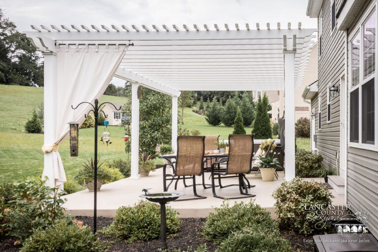 custom pergola for sale with outdoor furniture and a hot tub in pa