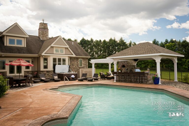 custom poolside pergola and pavilion with outdoor furniture
