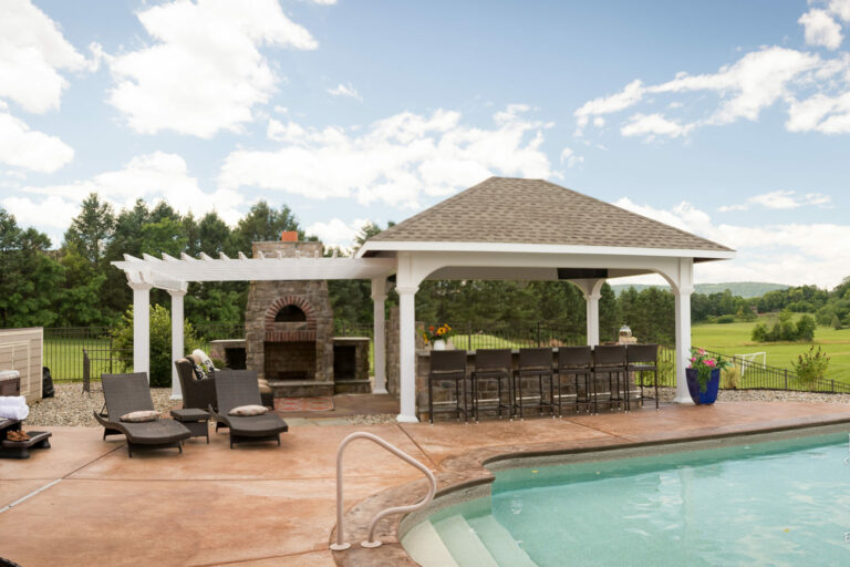 pergola and pavilion with a hot tub and a pool